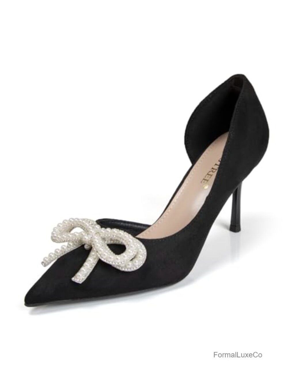 Suede Pointed Toe Stiletto Heels with Pearl Bow D'Orsay Pumps 3.26 Inch Heel